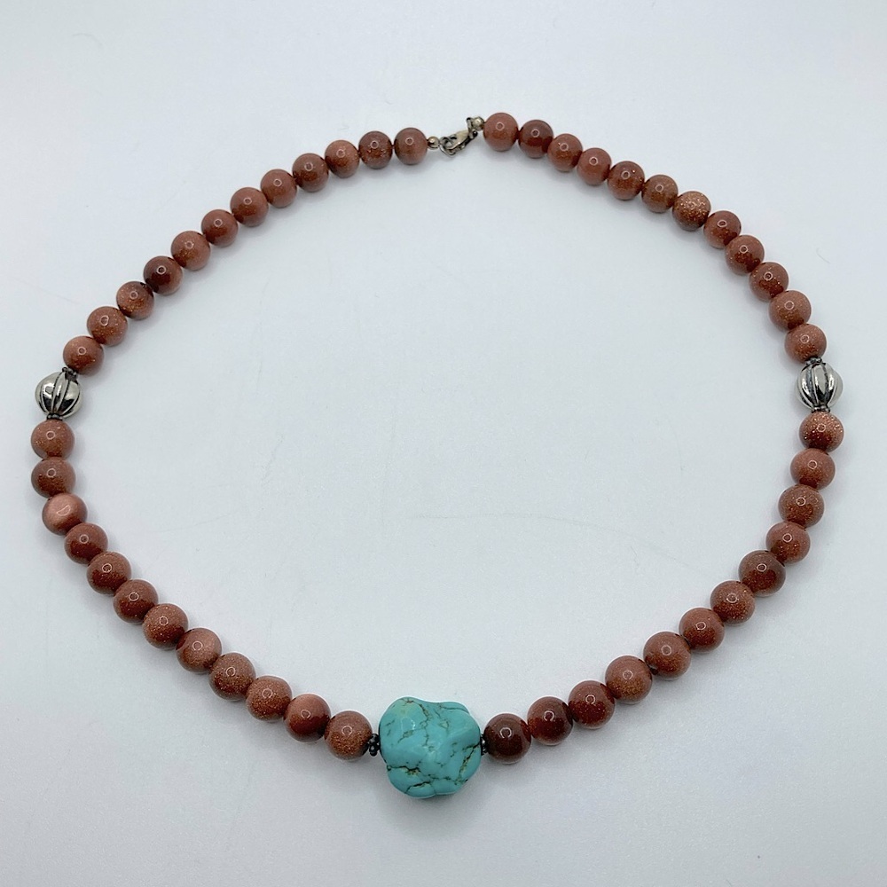 Vtg Sterling Turquoise Chunk & Round Goldstone Bead Necklace 16” - Picture 2 of 7